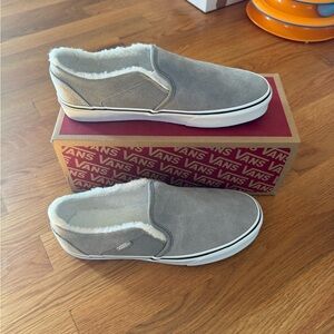 Vans Light Gray Slip-On Sneakers with Faux Fur